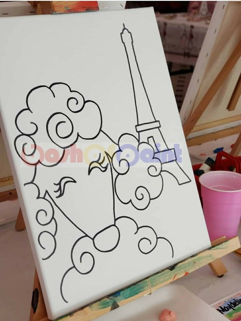 French Poodle PreDrawn CanvasPaint Kit AvailableOutline DIY Girl French Paris Sip Birthday PartyHand-Drawn SketchPuppy /& Eiffel Tower