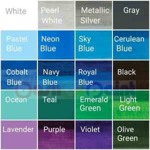 K&ouml;nnte beinhalten: Eine Farbkarte mit 16 Farben, darunter Wei&szlig;, Perlwei&szlig;, Metallic-Silber, Grau, Pastellblau, Neonblau, Himmelblau, Azurblau, Kobaltblau, Marineblau, K&ouml;nigsblau, Schwarz, Ozean, T&uuml;rkis, Smaragdgr&uuml;n, Hellgr&uuml;n, Lavendel, Lila, Violett und Olivgr&uuml;n.