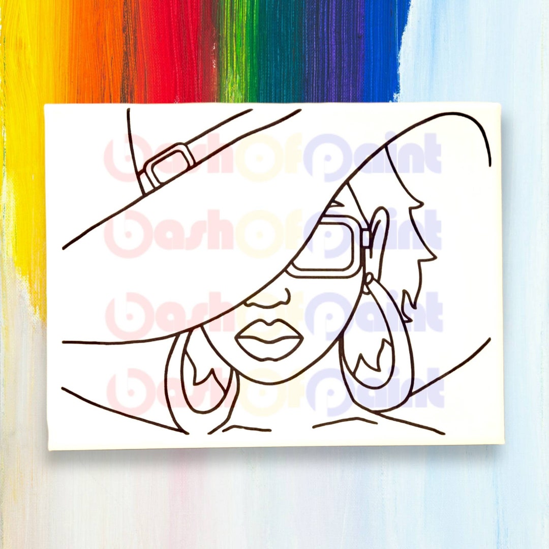 Predrawn Canvas Sketch Outline, Sip and Paint Party Kit, Hat Woman Pre
