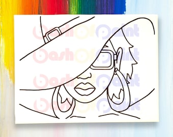 PreDrawn Canvas Sketch Outline, Sip and Paint Party Kit, Hat Woman Pre Sketched Drawing and Art Paint Kit, DIY Adult Craft Gift Idea