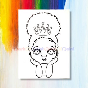 PreDrawn Canvas Outline Sketch, DIY Paint Sip Party Kit, Girl Birthday Gift, PreSketched Little Black Princess w/Bun