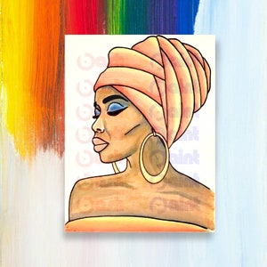 May include: A digital painting of a woman with brown skin wearing a peach-colored turban. She has blue eyeshadow and large gold hoop earrings. The background is a white canvas.