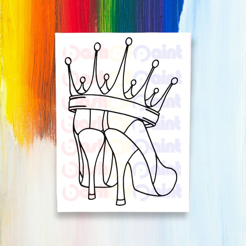 May include: A black and white line drawing of a pair of high heels with a crown on top. The crown is a simple design with five points.