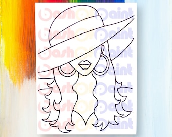 PreDrawn Canvas Outlined Sketch for DIY Sip Paint Party, Sun Hat Lady Pre Sketched Drawing and Art Painting Kit, Adult Craft Gift Idea