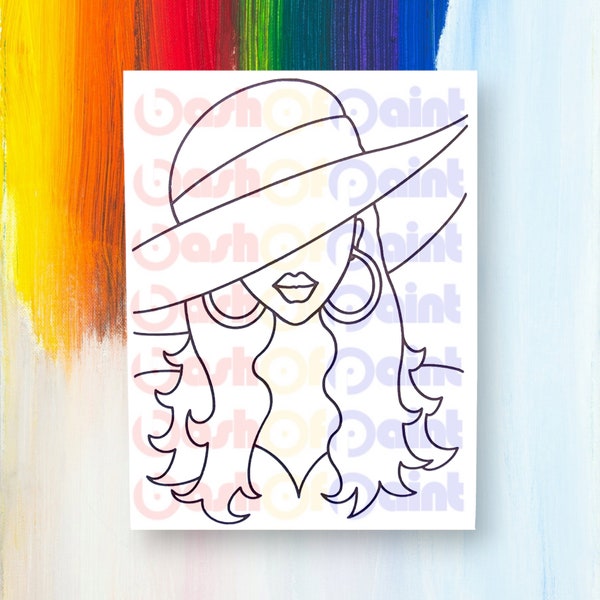 PreDrawn Canvas Outlined Sketch for DIY Sip Paint Party, Sun Hat Lady Pre Sketched Drawing and Art Painting Kit, Adult Craft Gift Idea