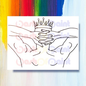 May include: Line art drawing of a person with their arms crossed over their head, forming a crown shape. The crown is outlined in black and has a simple design.