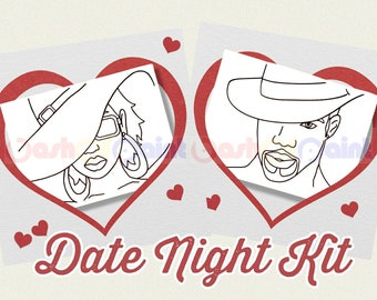 Couples Date Night Box, PreDrawn Canvas Adult Art, DIY Sip Paint Kit, Valentines, Anniversary, Ready To Paint Black Woman & Man w/Hat Set