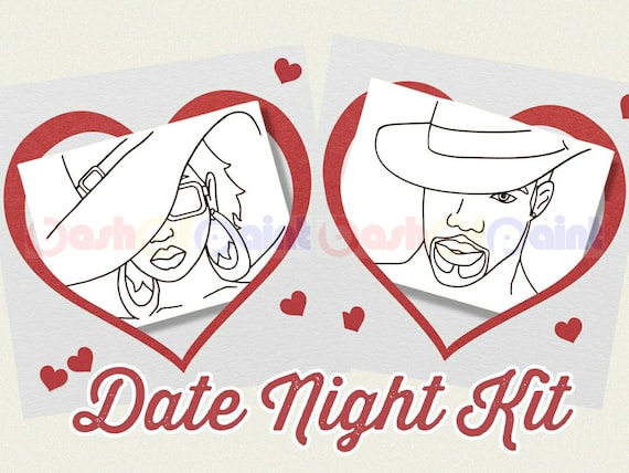 Couples Date Night Box, Predrawn Canvas Adult Art, DIY Sip Paint Kit,  Valentines, Anniversary, Ready to Paint Black Woman & Man W/hat Set 