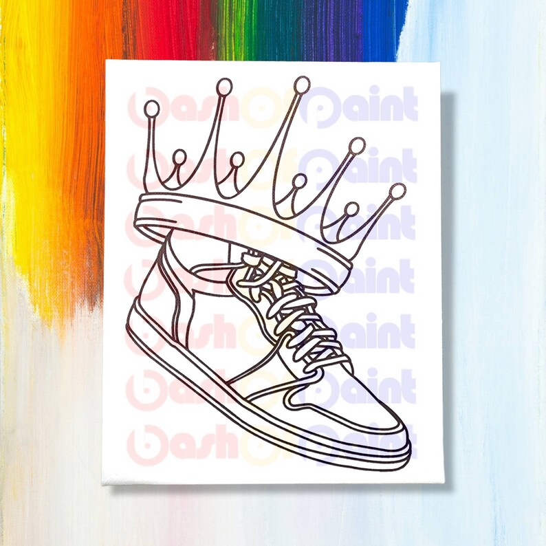 May include: A black and white line drawing of a sneaker with a crown on top. The crown is sitting on the top of the sneaker, as if it is being worn by the shoe.