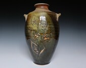Leaf Motif Woodfired Handled Vase