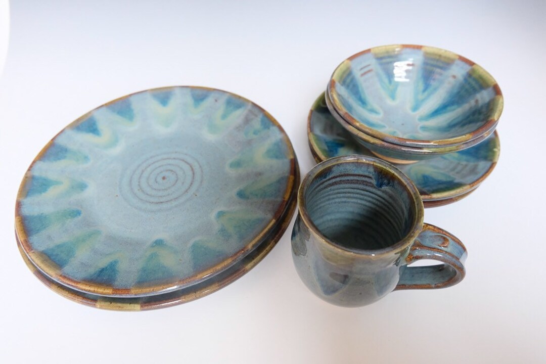 Blue Green Dinnerware Set Etsy