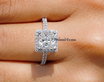 Anillo de moissanita de talla princesa de 2 CT con halo de diamantes, anillo nupcial de boda, anillo de compromiso pavimentado, anillos de promesa/aniversario, regalos para mujeres