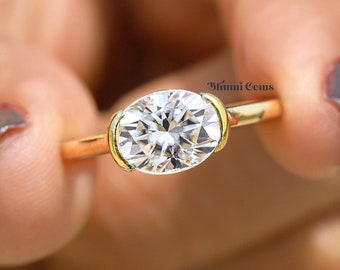 Half Bezel 2 CT Oval Moissanite Engagement Ring East-West Setting Wedding Ring Solid Gold Solitaire Anniversary Ring for Women Gifts