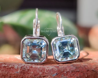 Dangle and Drop 6 TCW Asscher Cut Blue Moissanite Earrings Wedding Earrings Lever Back Earrings Solid White/Yellow/Rose Gold Earrings