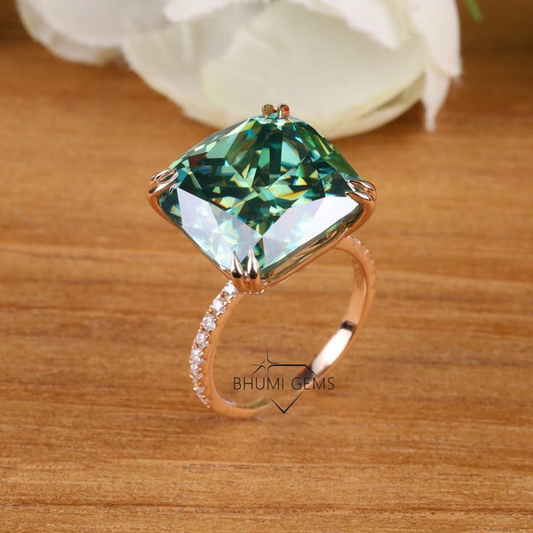 Greenish-Blue Cushion Moissanite Ring Huge Wedding Engagement Ring 14.5 mm Cushion Cut Solitaire Accented Bridal Rings Anniversary Gifts Her