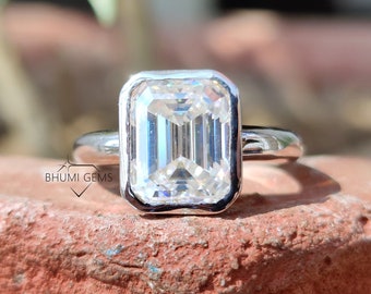 5 CT Emerald Cut Moissanite Ring Bezel Set Emerald Solitaire Ring Engagement Ring Wedding Ring Thick Band 10k/14k/18k Gold Ring, Bridal