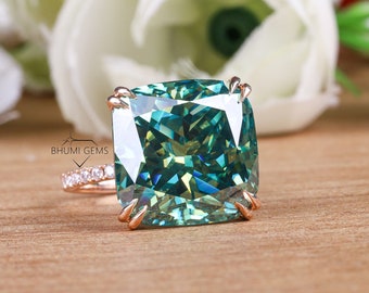 15 CT Greenish Blue Cushion Moissanite Engagement Ring in Solid Rose Gold Wedding / Bridal Ring Solitaire Accented Promise Rings Gifts Her