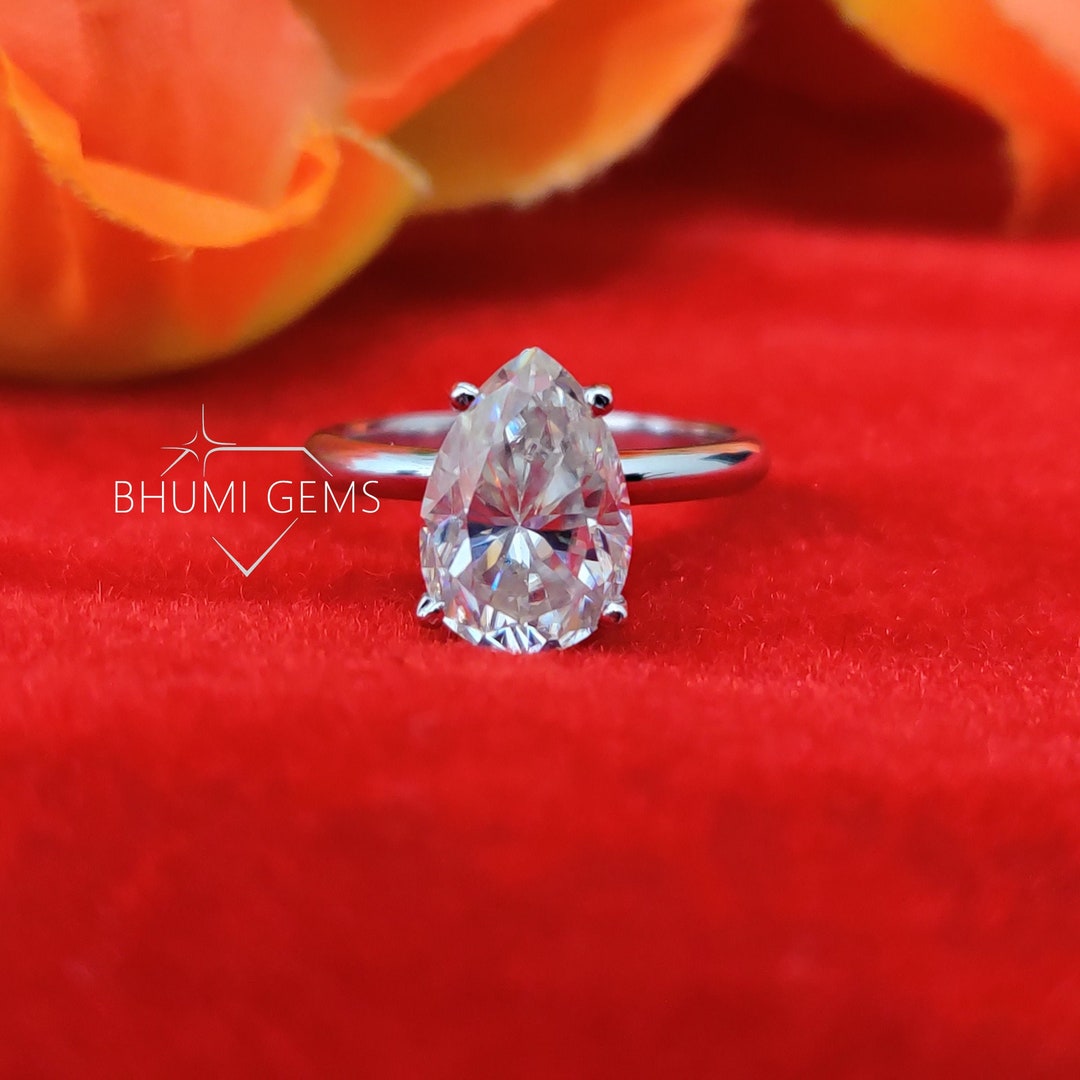Solitaire Engagement Ring 3.48 CT Pear Cut Colorless Moissanite Ring 14 KT White Gold Wedding