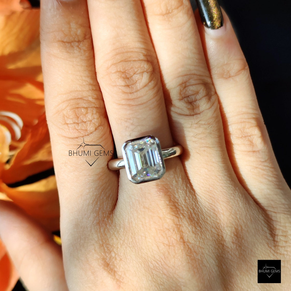 5 CT Emerald Cut Moissanite Ring Bezel Set Emerald Solitaire Etsy