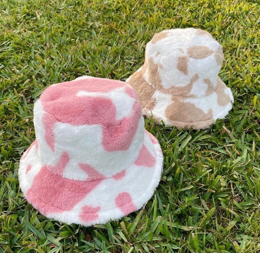 Pink And White Fluffy Adjustable Bucket Hat Faux Fur Y2k Etsy
