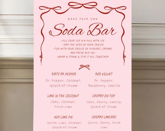 Soda Bar Instructions & Recipes Sign: Pink Coquette Bows (Customizable Canva Digital Download)