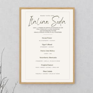 May include: A printable recipe card with instructions for making Italian soda. The card lists six different soda recipes with names like "Ocean Water", "Tiger's Blood", and "Cherry Lime Rickey".