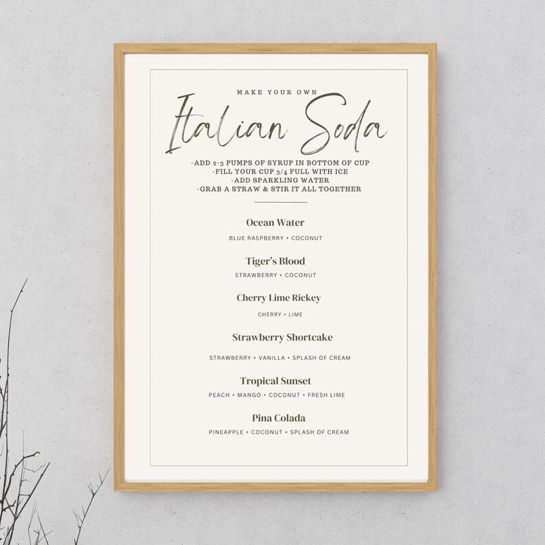 May include: A printable recipe card with instructions for making Italian soda. The card lists six different soda recipes with names like "Ocean Water", "Tiger's Blood", and "Cherry Lime Rickey".