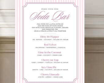 Soda Bar Instructions and Recipes Sign Digital Download - CUSTOMIZABLE ON CANVA- Sweet Pink Stripes