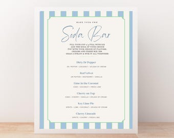 Soda Bar Instructions and Recipes Sign Digital Download - CUSTOMIZABLE ON CANVA- Summer Blue Stripes