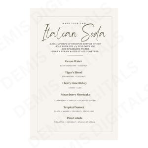 May include: A white printable sign with the text "Make Your Own Italian Soda" and a list of soda recipes with ingredients like blue raspberry, coconut, strawberry, vanilla, and pineapple.
