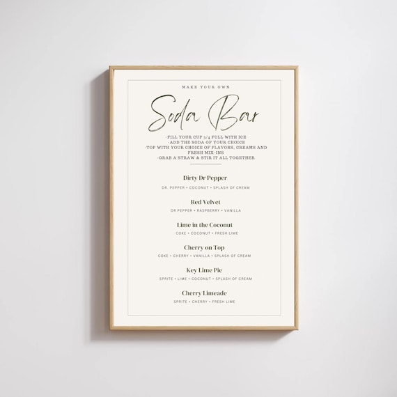 Nuetral Soda Bar Instructions and Recipes Sign- CUSTOMIZABLE ON CANVA