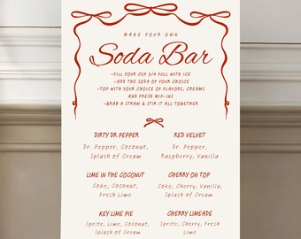 Soda Bar Instructions and Recipes Sign- INSTANT DOWNLOAD- Doodle Hand Drawn Coquette Bows Red