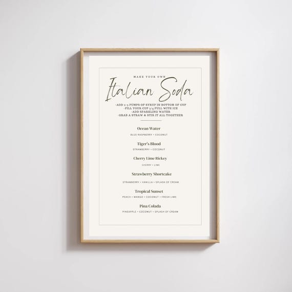 Nuetral Italian Soda Bar Instructions and Recipes Sign- *CUSTOMIZABLE ON CANVA*