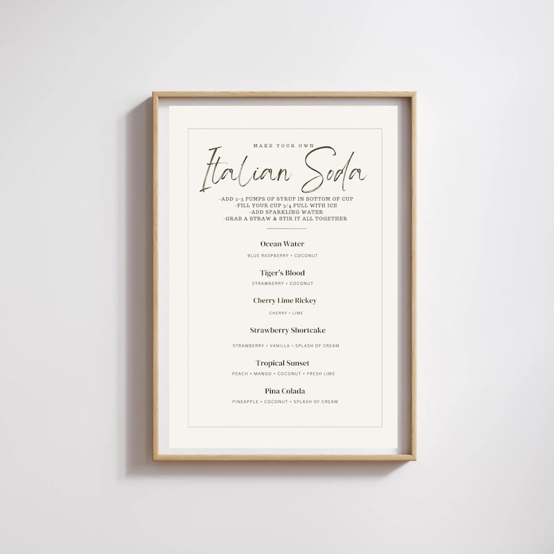 May include: A printable recipe card with instructions for making Italian soda. The card lists different flavor combinations, including Ocean Water, Tiger's Blood, Cherry Lime Rickey, Strawberry Shortcake, Tropical Sunset, and Pina Colada.