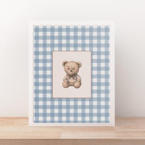 Vintage Blue Gingham Teddy Bear print for Baby Boy Nursery- INSTANT DIGITAL DOWNLOAD