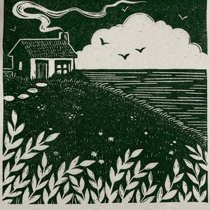 Original Linocut Print, "Cottage"