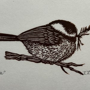 Original Linocut Print, "Chickadee"
