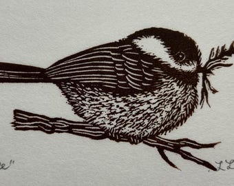 Original Linocut Print, "Chickadee"