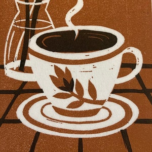 Original Linocut Print, "I Love Coffee"