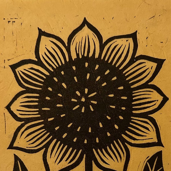 Original Linocut Print, "Sunflower" on lokta paper