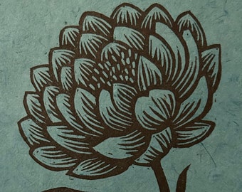 Original Linocut print, "Peony" on lokta paper