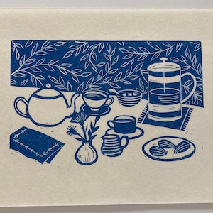 Original Linocut Print, "Afternoon Tea"