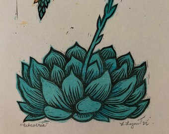 Original Linocut Print, "Echeveria"