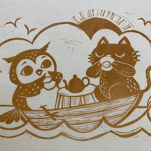 Original Linocut Print, "Owl & Pussycat"