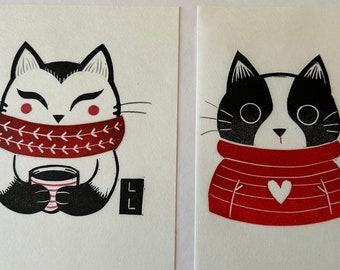 Tiny prints--Original Linocut Prints, "Kit" and "Kat"