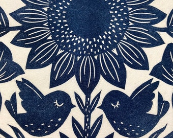 Original Linocut Print, "Summertime" in Dark Blue