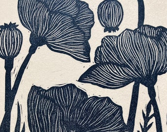 Original Linocut Print, "Poppies"