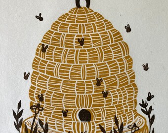 Original Linocut Print, "Hive"