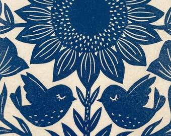 Original Linocut Print, "Summertime" in Medium Blue