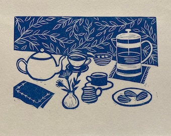 Original Linocut Print, "Afternoon Tea"